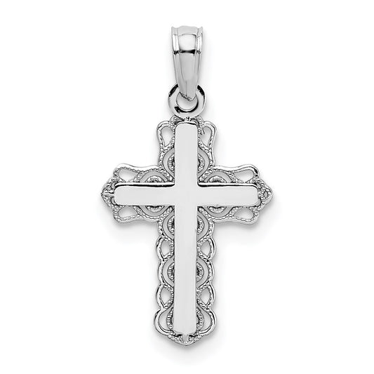 Million Charms 14K White Gold Themed With Lace Trim & Polished Center Relgious Cross Charm