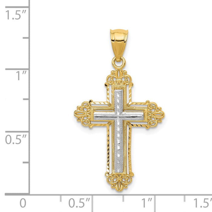 Million Charms 14K Two-Tone Gold Themed Fleur De Lis Relgious Cross Pendant