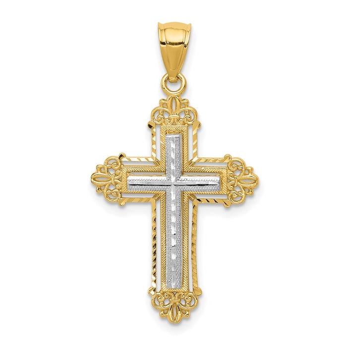 Million Charms 14K Two-Tone Gold Themed Fleur De Lis Relgious Cross Pendant