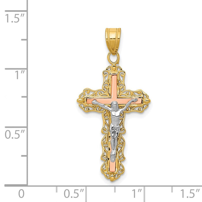 Million Charms 14K Tri-Color Diamond-Cut Relgious Crucifix Pendant