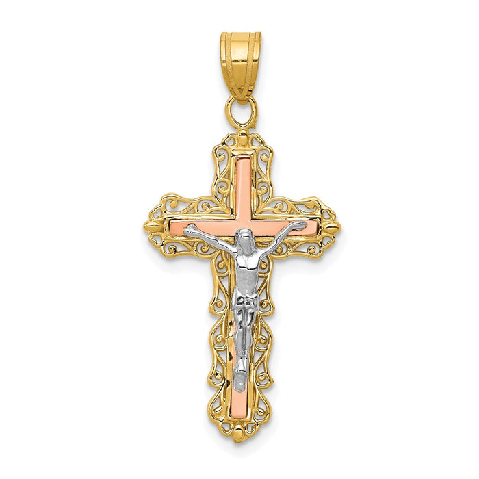 Million Charms 14K Tri-Color Diamond-Cut Relgious Crucifix Pendant