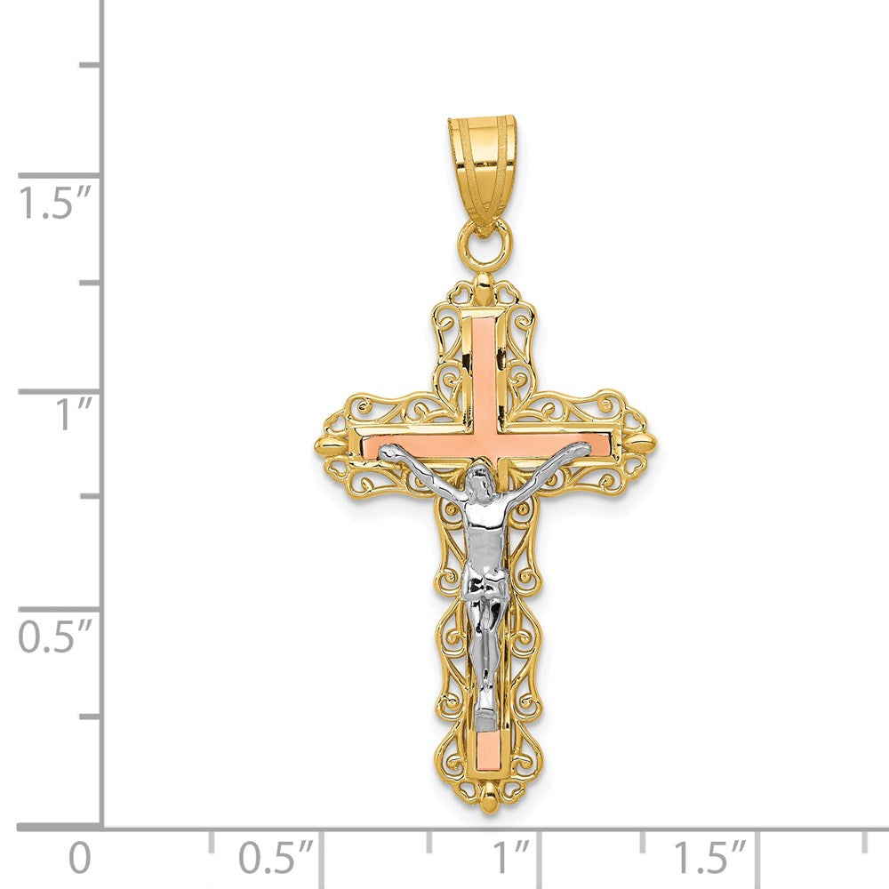 Million Charms 14K Tri-Color Diamond-Cut Relgious Crucifix Pendant