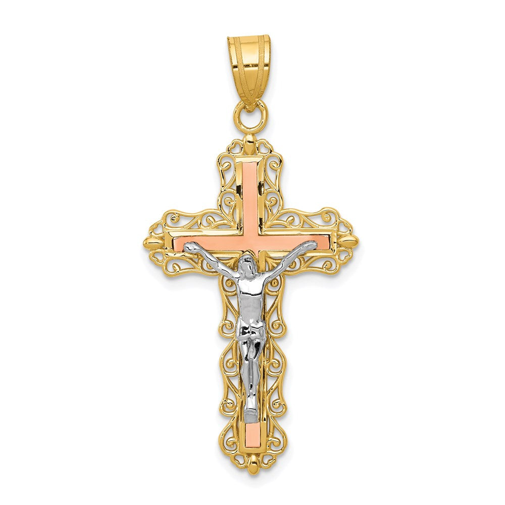 Million Charms 14K Tri-Color Diamond-Cut Relgious Crucifix Pendant