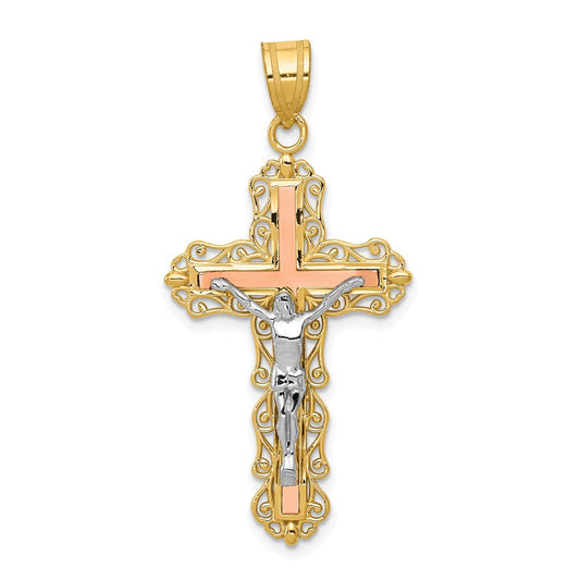 Million Charms 14K Tri-Color Diamond-Cut Relgious Crucifix Pendant