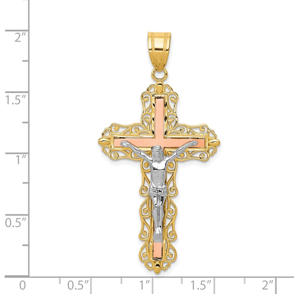 Million Charms 14K Tri-Color Diamond-Cut Relgious Crucifix Pendant