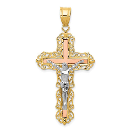 Million Charms 14K Tri-Color Diamond-Cut Relgious Crucifix Pendant