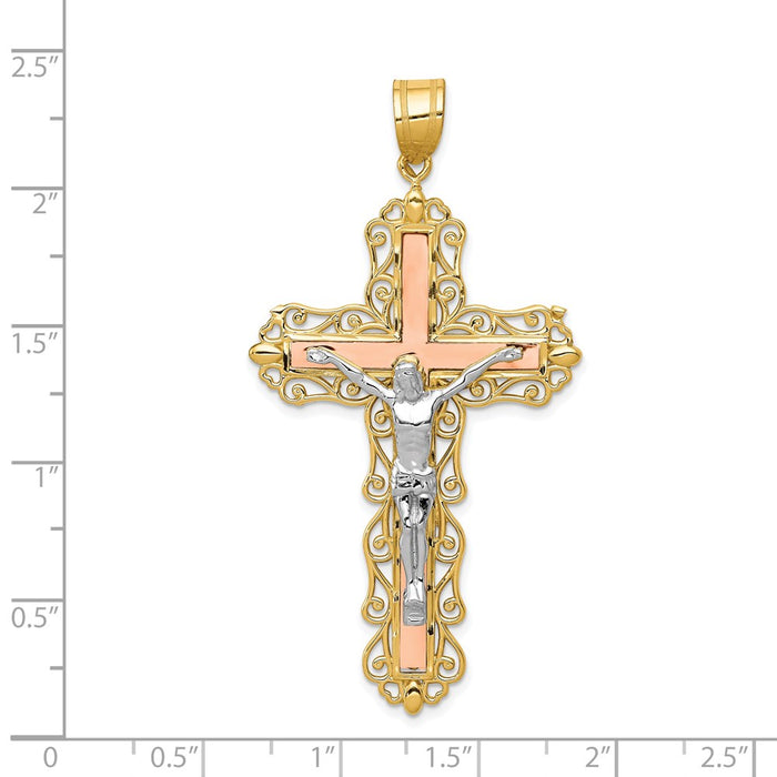 Million Charms 14K Tri-Color Diamond-Cut Relgious Crucifix Pendant
