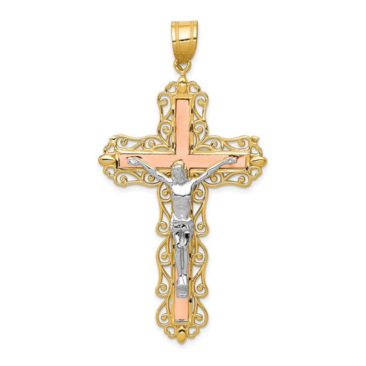 Million Charms 14K Tri-Color Diamond-Cut Relgious Crucifix Pendant
