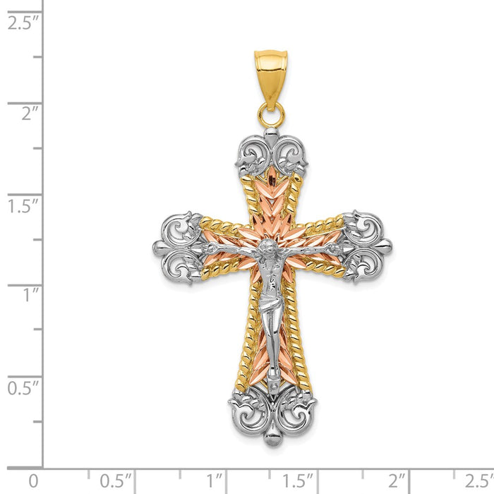 Million Charms 14K Tri-Color With White Rhodium-plated Relgious Crucifix Relgious Cross Pendant