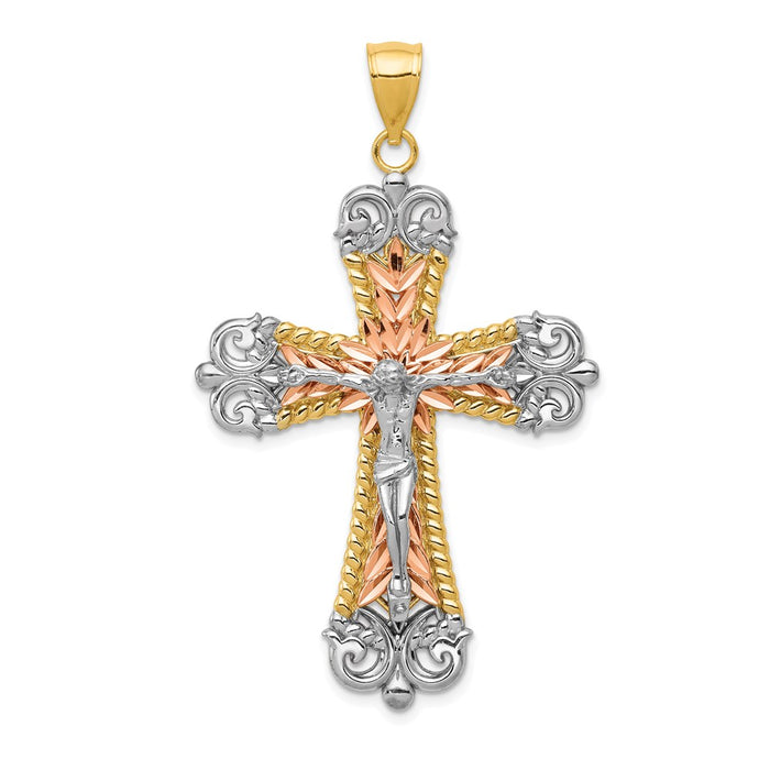 Million Charms 14K Tri-Color With White Rhodium-plated Relgious Crucifix Relgious Cross Pendant