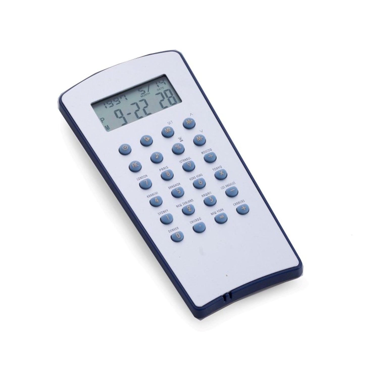 Occasion Gallery Silver/Blue Color Stainless Steel with Blue Trim World Time Alarm Clock and Calculator. 2.25 L x 5.75 W x 0.5 H in.