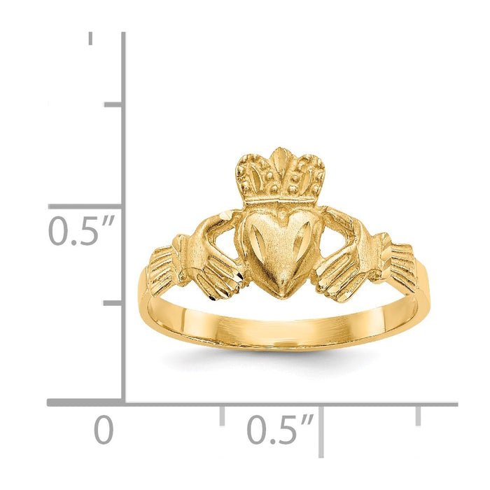 14k Yellow Gold Satin & Diamond-cut Claddagh Ring, Size: 6