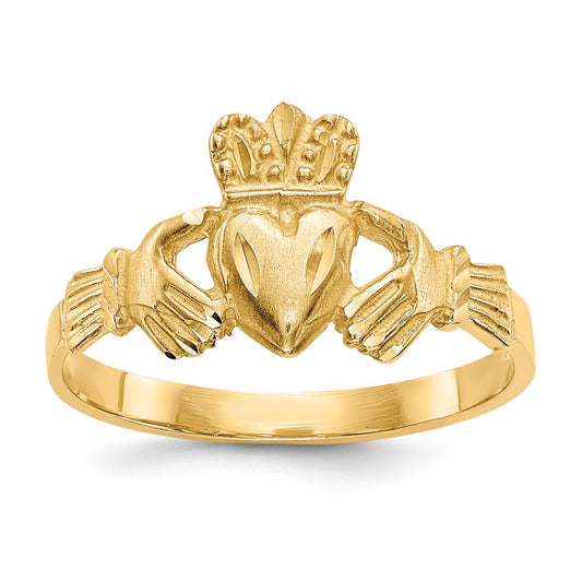 14k Yellow Gold Satin & Diamond-cut Claddagh Ring, Size: 6