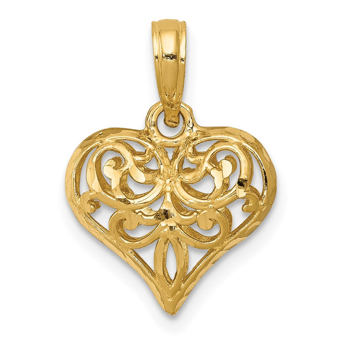 Million Charms 14K Yellow Gold Themed Polished 3-D Filigree Heart Pendant