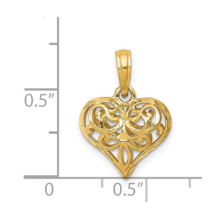 Million Charms 14K Yellow Gold Themed Polished 3-D Filigree Heart Pendant