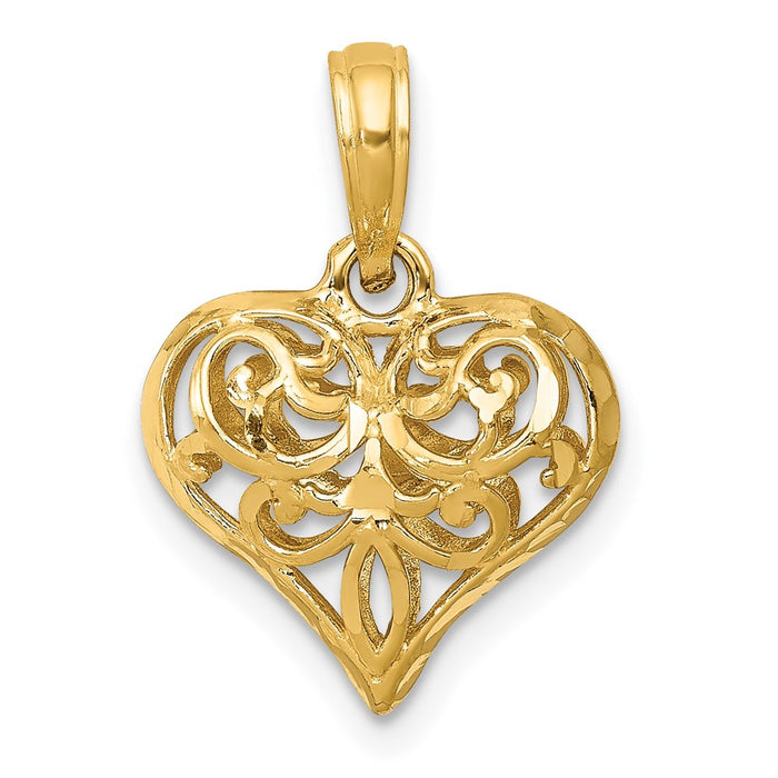 Million Charms 14K Yellow Gold Themed Polished 3-D Filigree Heart Pendant