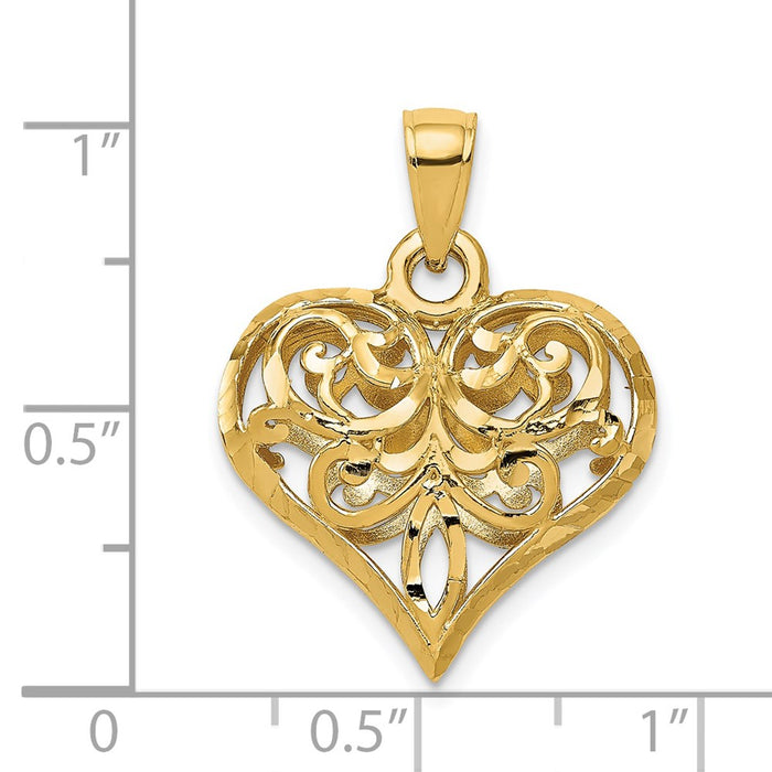 Million Charms 14K Yellow Gold Themed Polished 3-D Filigree Heart Pendant