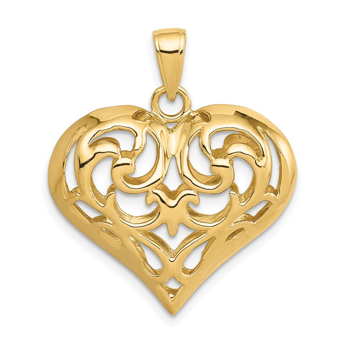 Million Charms 14K Yellow Gold Themed Polished 3-D Filigree Heart Pendant