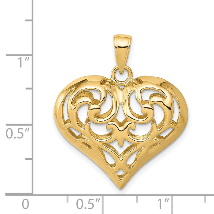 Million Charms 14K Yellow Gold Themed Polished 3-D Filigree Heart Pendant