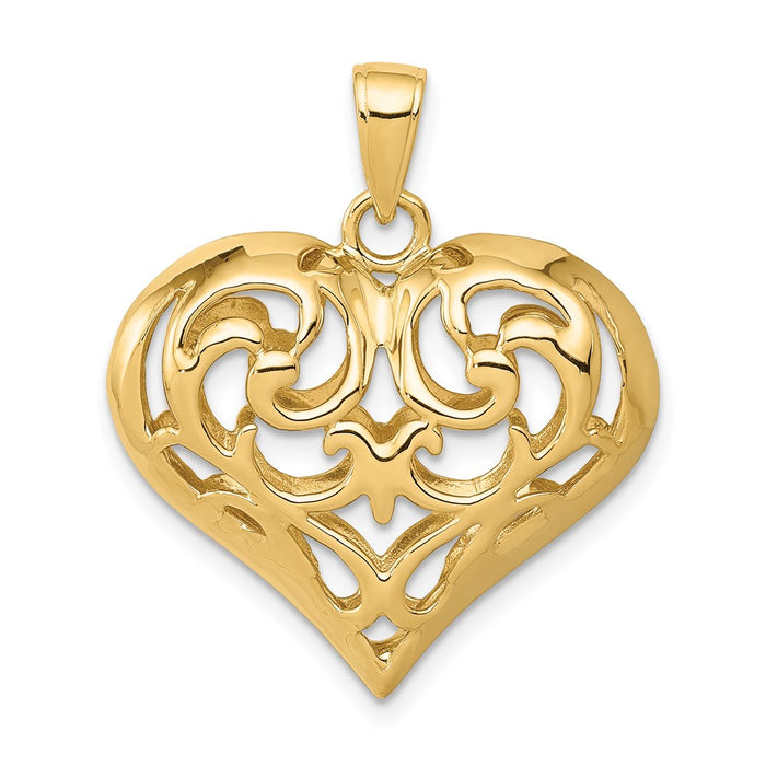 Million Charms 14K Yellow Gold Themed Polished 3-D Filigree Heart Pendant