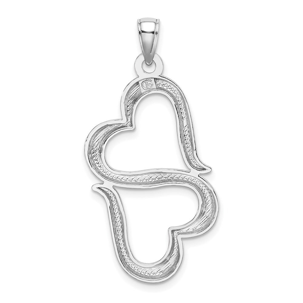 Million Charms 14K White Gold Themed 3-D Solid Double Hanging Hearts Pendant