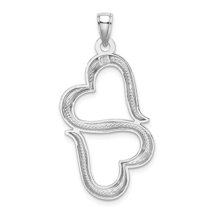 Million Charms 14K White Gold Themed 3-D Solid Double Hanging Hearts Pendant