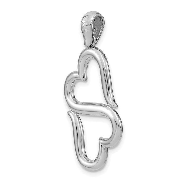 Million Charms 14K White Gold Themed 3-D Solid Double Hanging Hearts Pendant