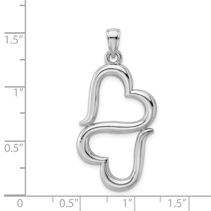 Million Charms 14K White Gold Themed 3-D Solid Double Hanging Hearts Pendant