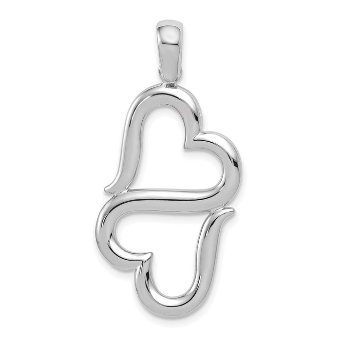 Million Charms 14K White Gold Themed 3-D Solid Double Hanging Hearts Pendant