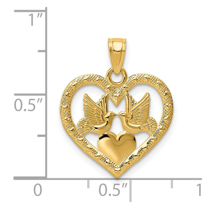 Million Charms 14K Yellow Gold Themed Polished Doves In Heart Pendant