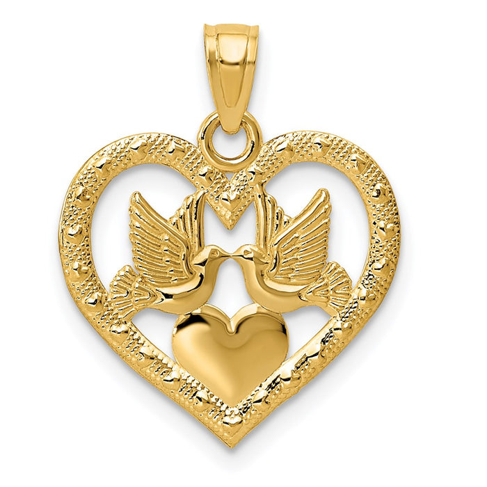 Million Charms 14K Yellow Gold Themed Polished Doves In Heart Pendant