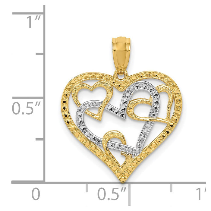 Million Charms 14K Yellow Gold Themed With Rhodium-plated Polished Beaded Hearts In Heart Pendant