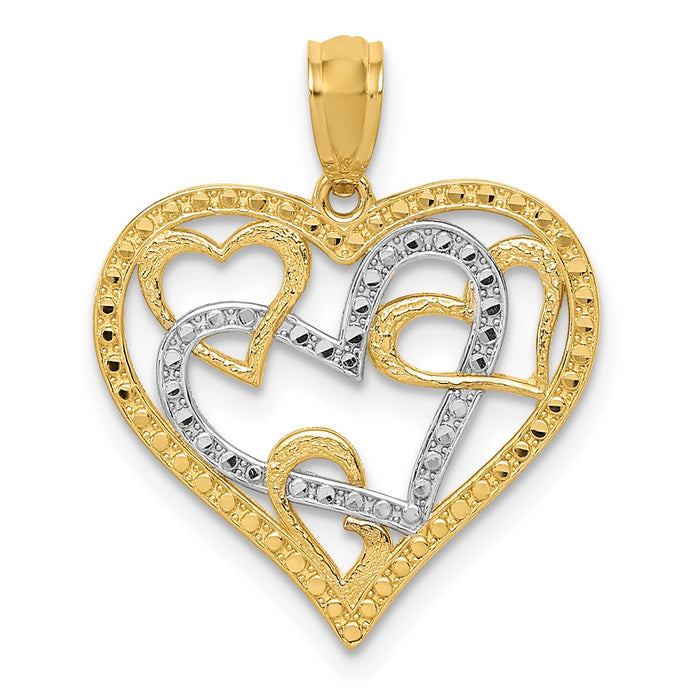Million Charms 14K Yellow Gold Themed With Rhodium-plated Polished Beaded Hearts In Heart Pendant