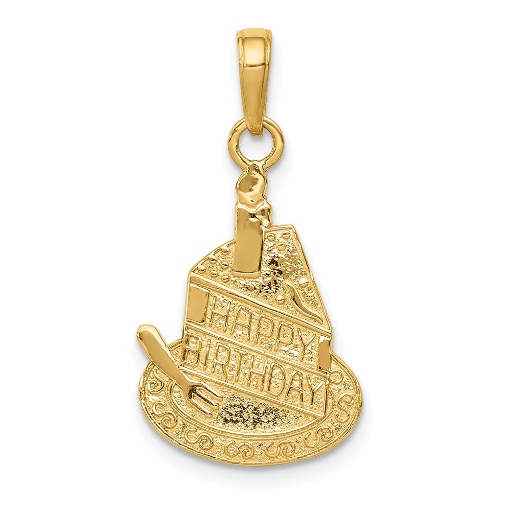 Million Charms 14K Yellow Gold Themed Slice Of Cake With Candle Happy Birthday Pendant