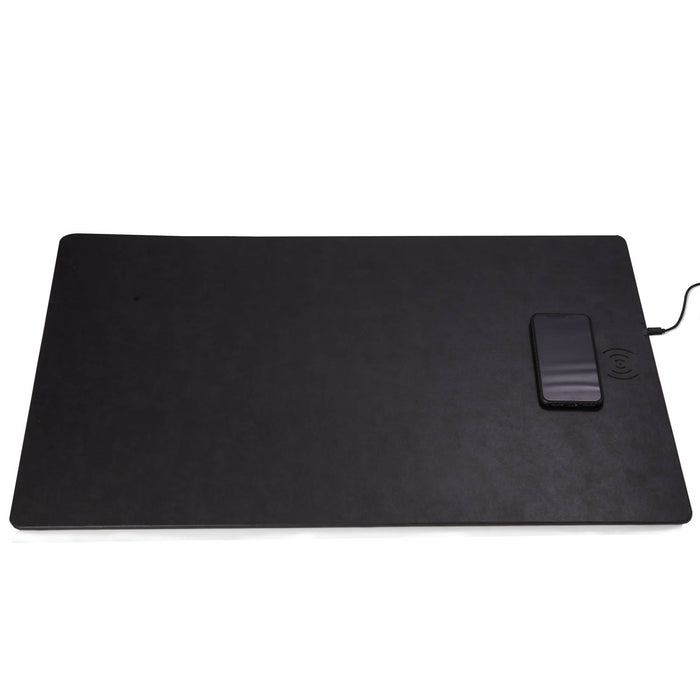 Occasion Gallery Black Color Leather desk blotter with built in wireless charging technology.  28 L x 18 W x 0.1 H in.