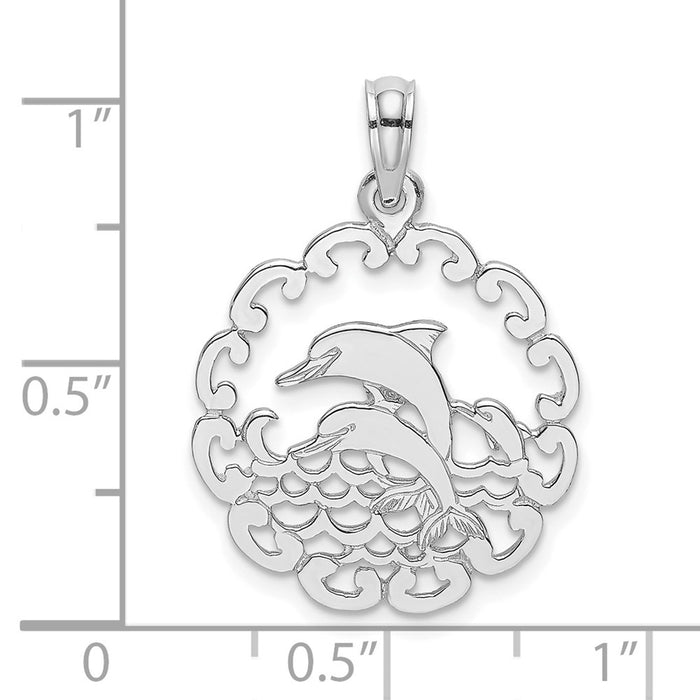 Million Charms 14K White Gold Themed Cut-Out Jumping Dolphins Pendant