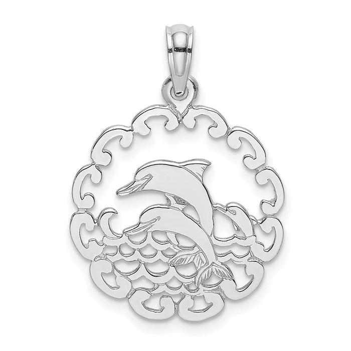 Million Charms 14K White Gold Themed Cut-Out Jumping Dolphins Pendant