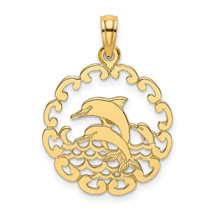 Million Charms 14K Yellow Gold Themed Cut-Out Jumping Dolphins Charm