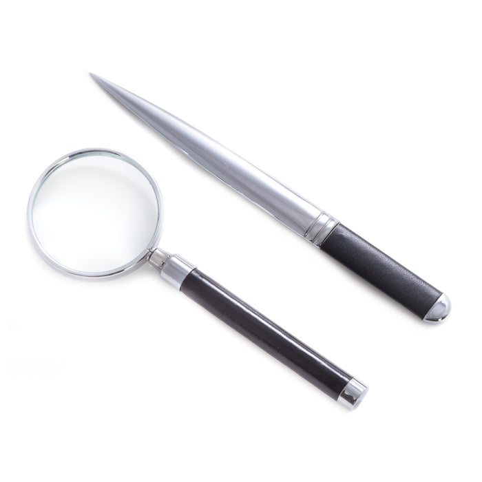 Occasion Gallery Black Color Black Leather Handled Magnifier (3X magnification) and Letter Opener Gift Set with Chrome Accents.   2.5 L x 7.25 W x 0.5 H in.