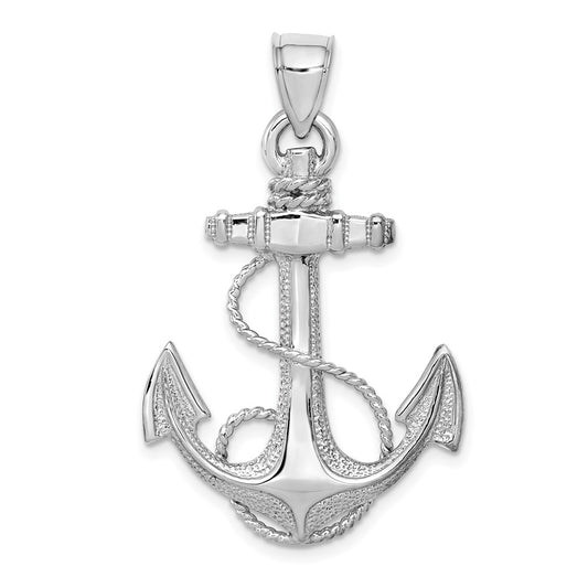 Million Charms 14K White Gold Themed Nautical Anchor With Rope Pendant