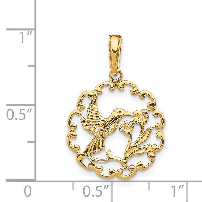 Million Charms 14K Yellow Gold Themed Hummingbird With Flower In Frame Pendant