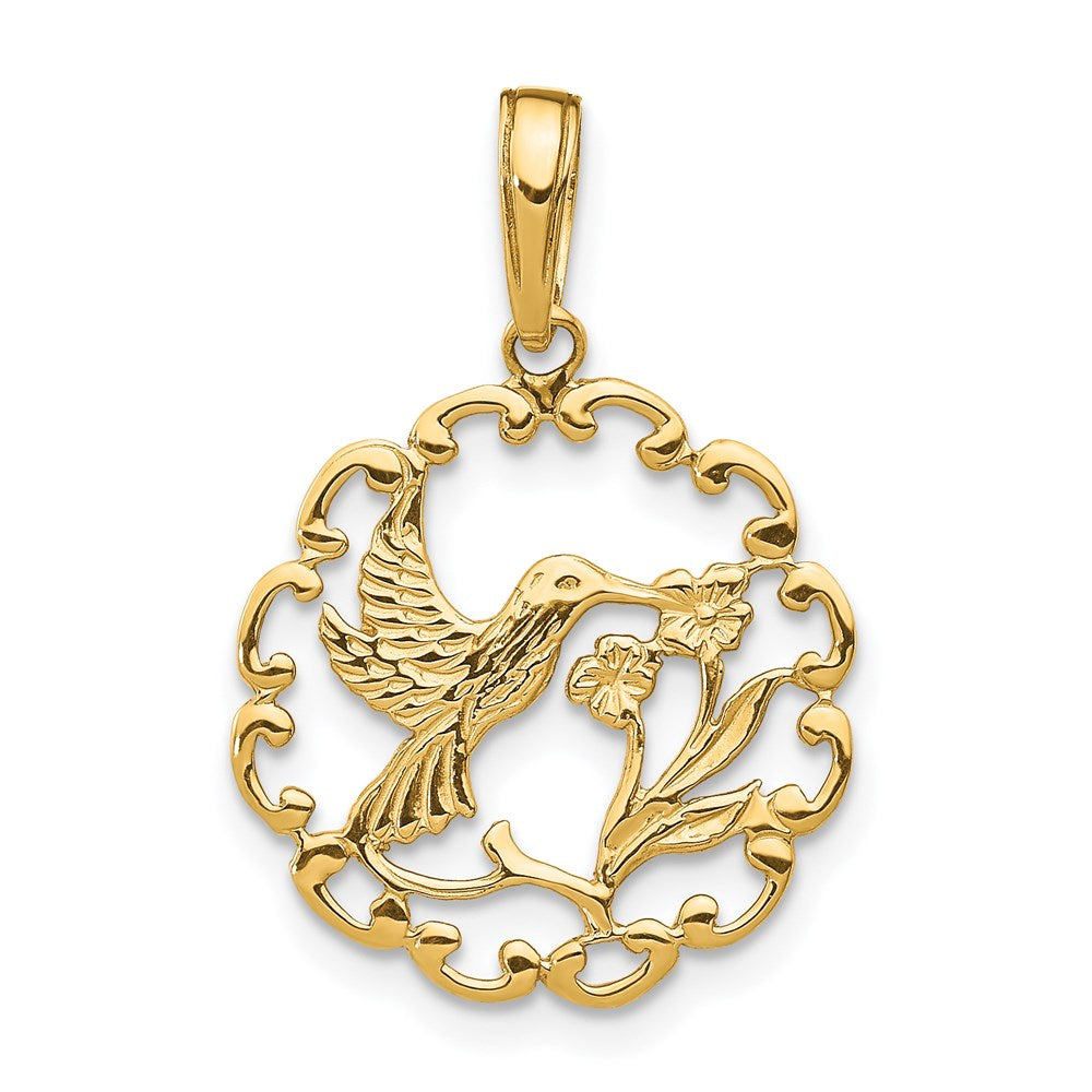Million Charms 14K Yellow Gold Themed Hummingbird With Flower In Frame Pendant