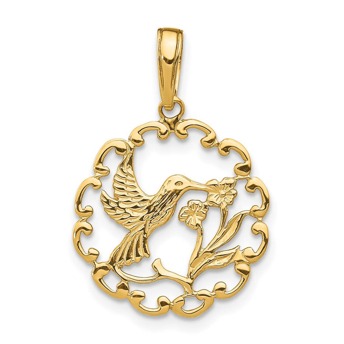 Million Charms 14K Yellow Gold Themed Hummingbird With Flower In Frame Pendant