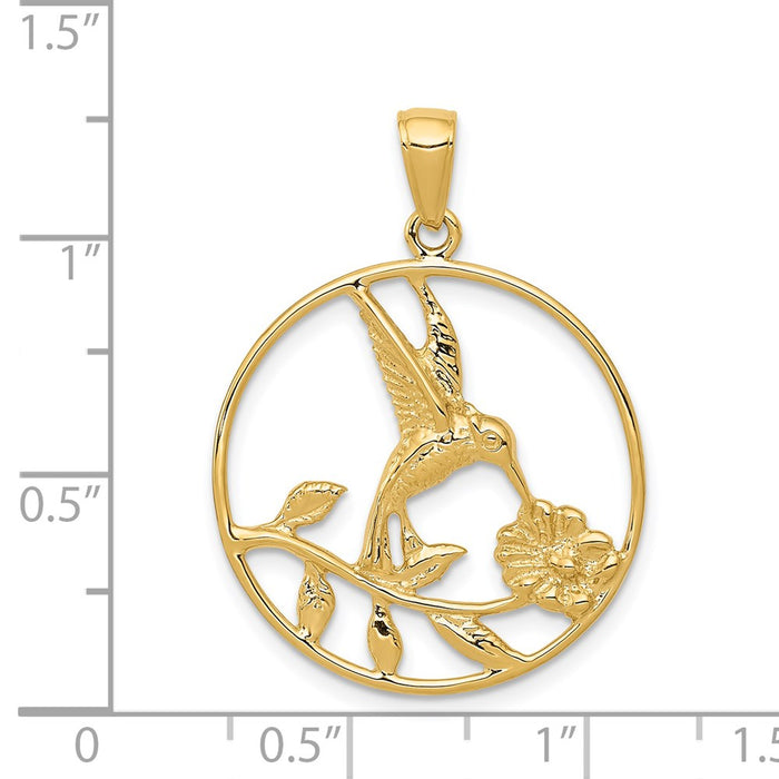 Million Charms 14K Yellow Gold Themed Hummingbird In Round Frame Pendant