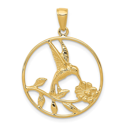 Million Charms 14K Yellow Gold Themed Hummingbird In Round Frame Pendant