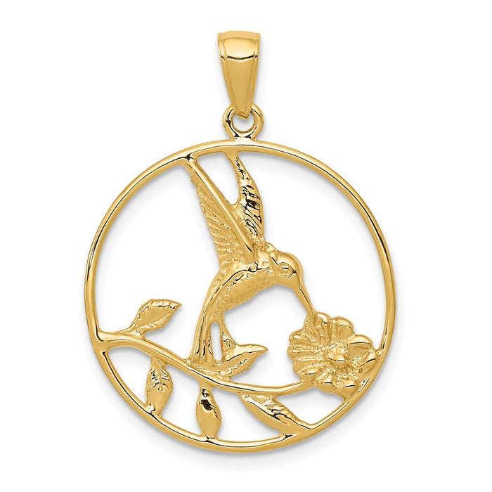 Million Charms 14K Yellow Gold Themed Hummingbird In Round Frame Pendant