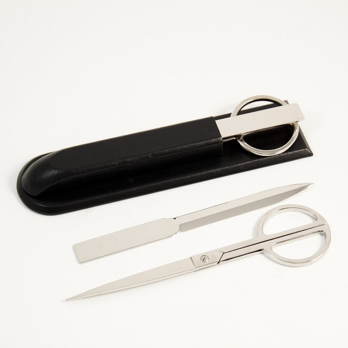 Occasion Gallery Black Color Black Leather Library Set. Includes Chrome Plated Letter Opener and Scissors. 3 L x 11 W x 2 H in.