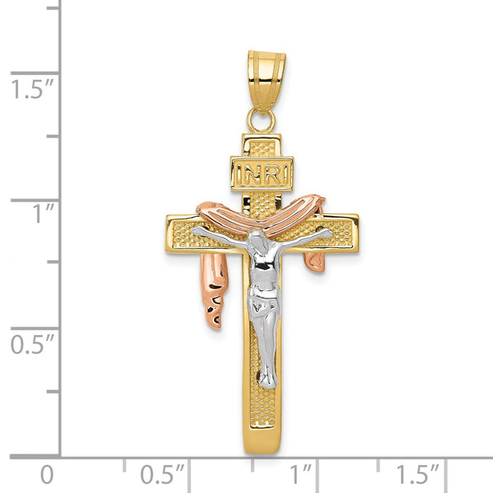 Million Charms 14K Yellow Gold Themed Tri-Color Large Draped Inri Relgious Crucifix Pendant