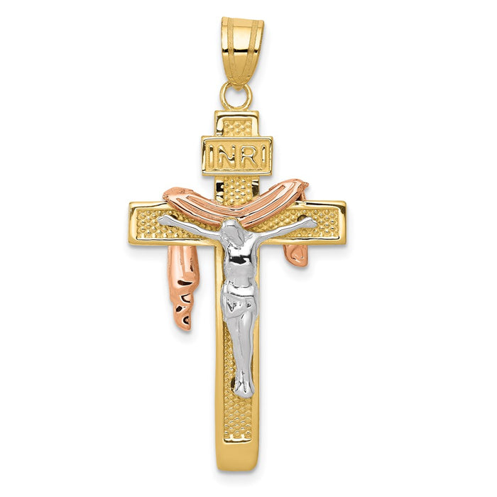 Million Charms 14K Yellow Gold Themed Tri-Color Large Draped Inri Relgious Crucifix Pendant