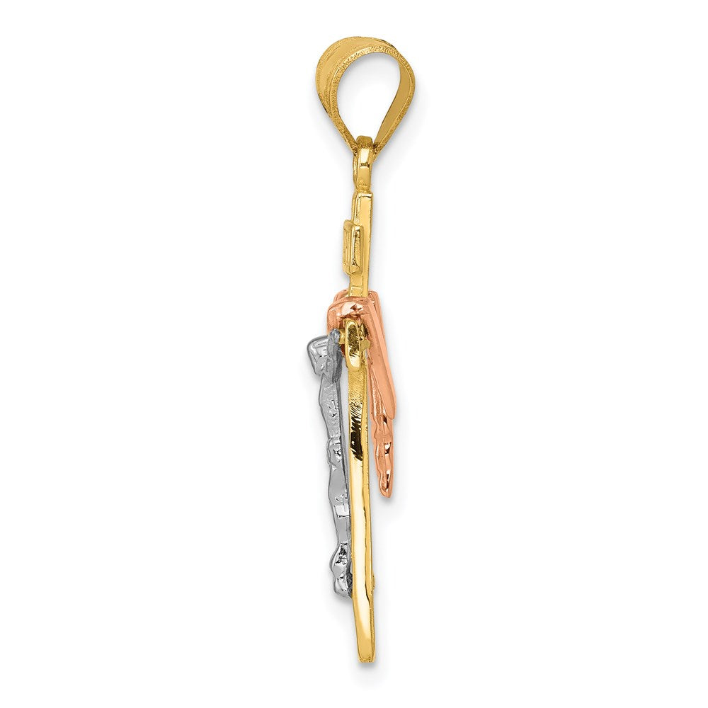 Million Charms 14K Yellow Gold Themed Tri-Color Diamond-Cut Small Draped Inri Relgious Crucifix Pendant